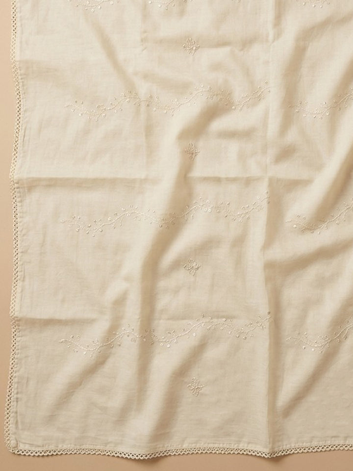 Off White Embroidered Cotton Blend Unstitched Suit &amp; Pant With Cotton Dupatta