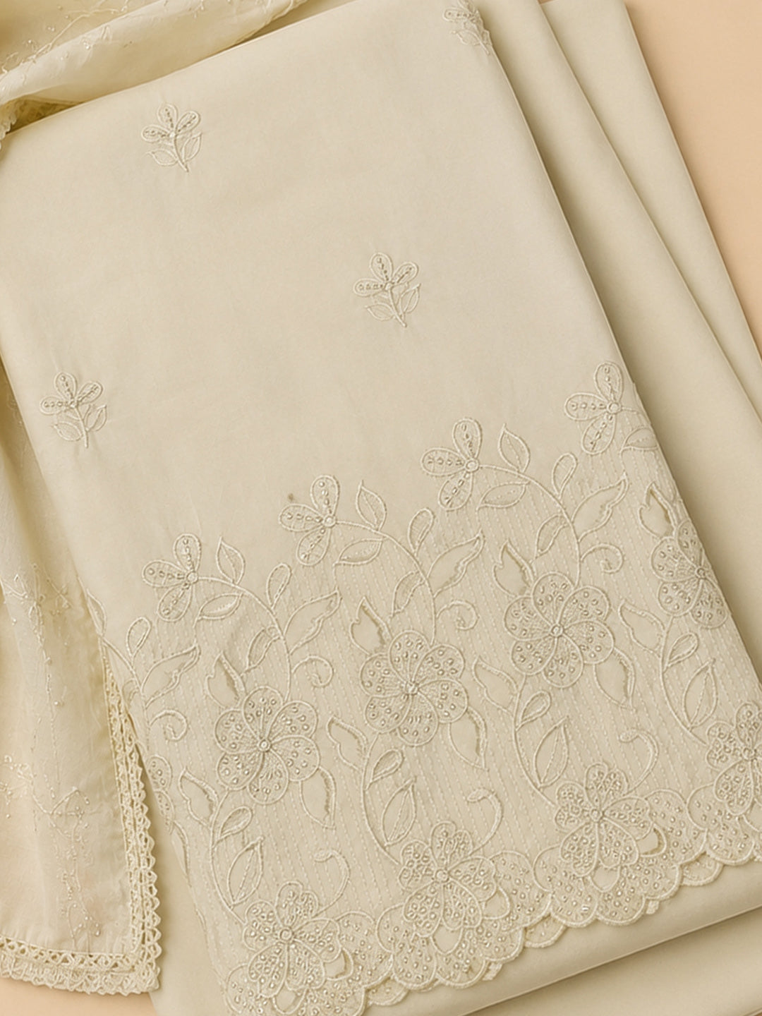 Off White Embroidered Cotton Blend Unstitched Suit &amp; Pant With Cotton Dupatta