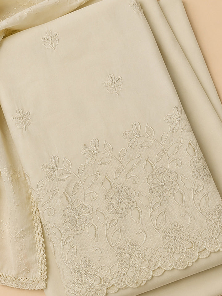 Off White Embroidered Cotton Blend Unstitched Suit &amp; Pant With Cotton Dupatta