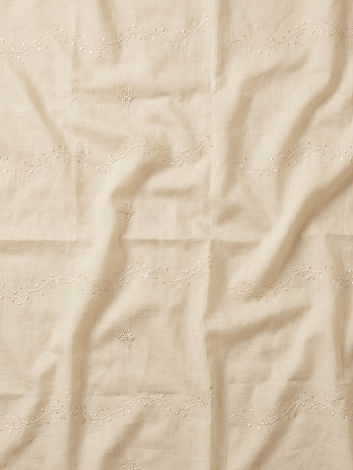 Off White Embroidered Cotton Blend Unstitched Suit &amp; Pant With Cotton Dupatta