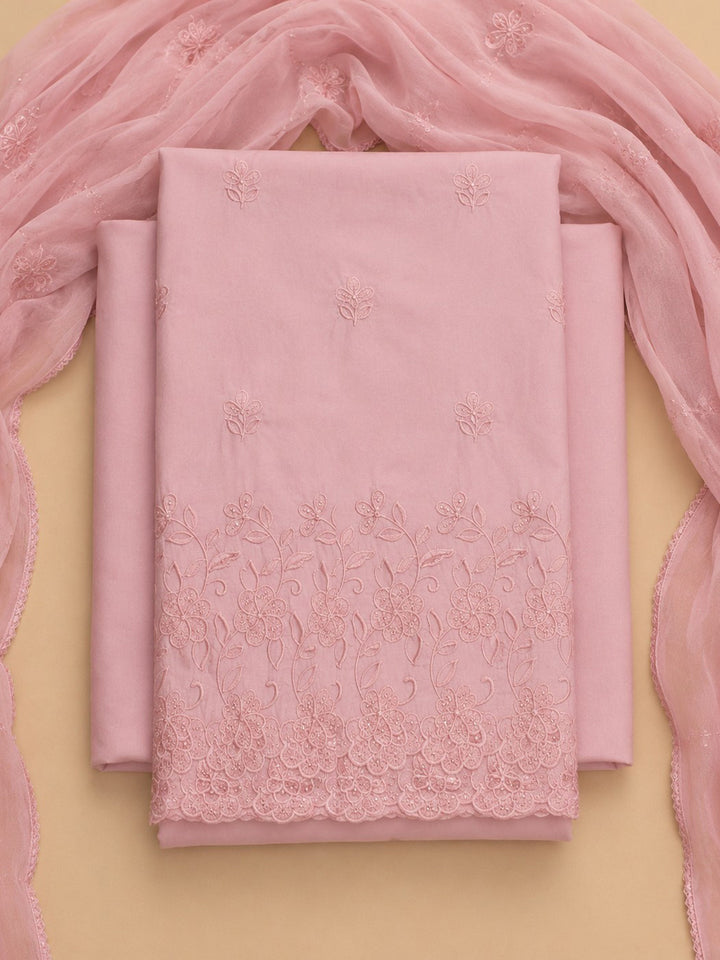 Peach Embroidered Cotton Blend Unstitched Suit &amp; Pant With Cotton Dupatta