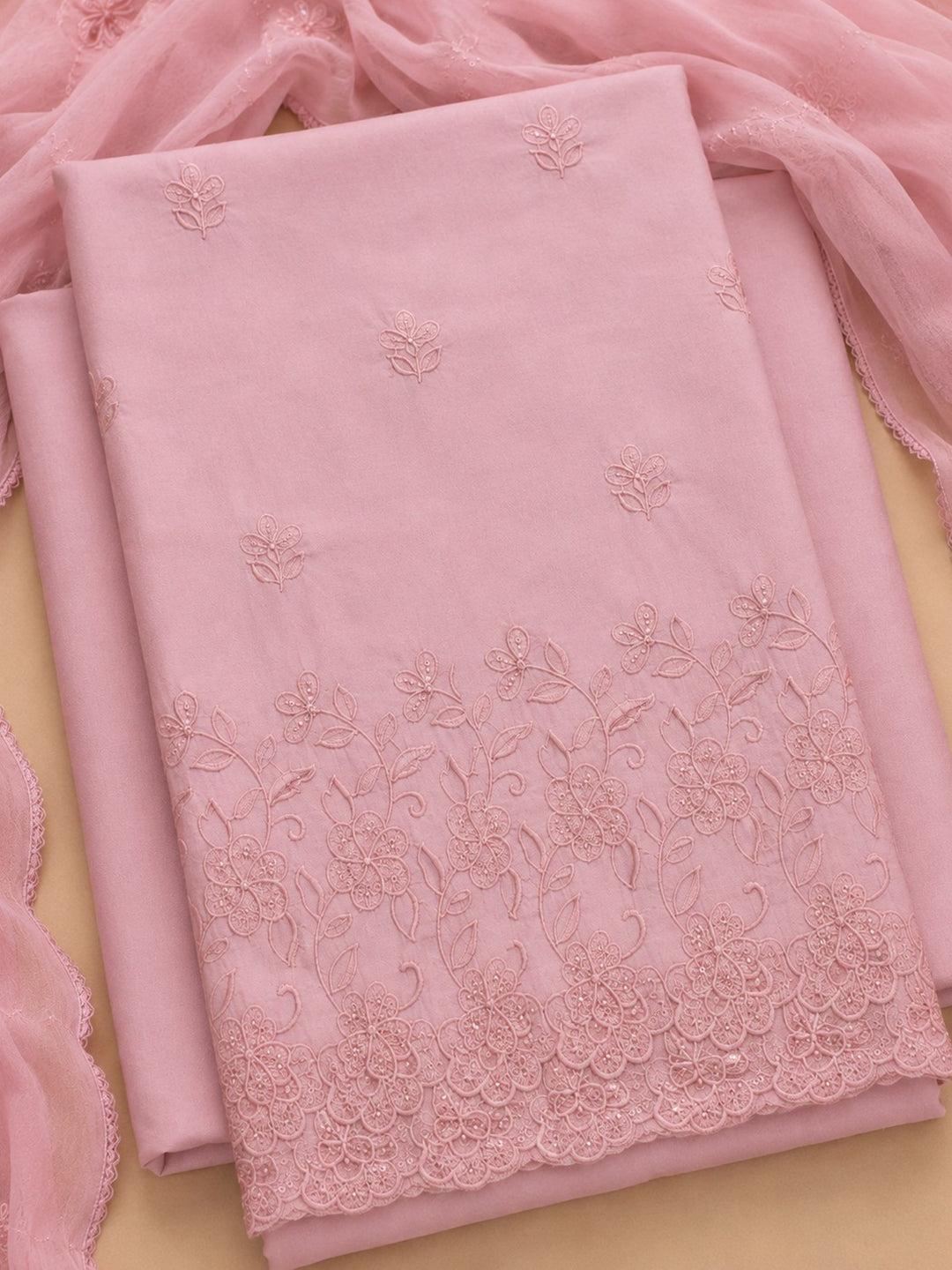 Peach Embroidered Cotton Blend Unstitched Suit &amp; Pant With Cotton Dupatta