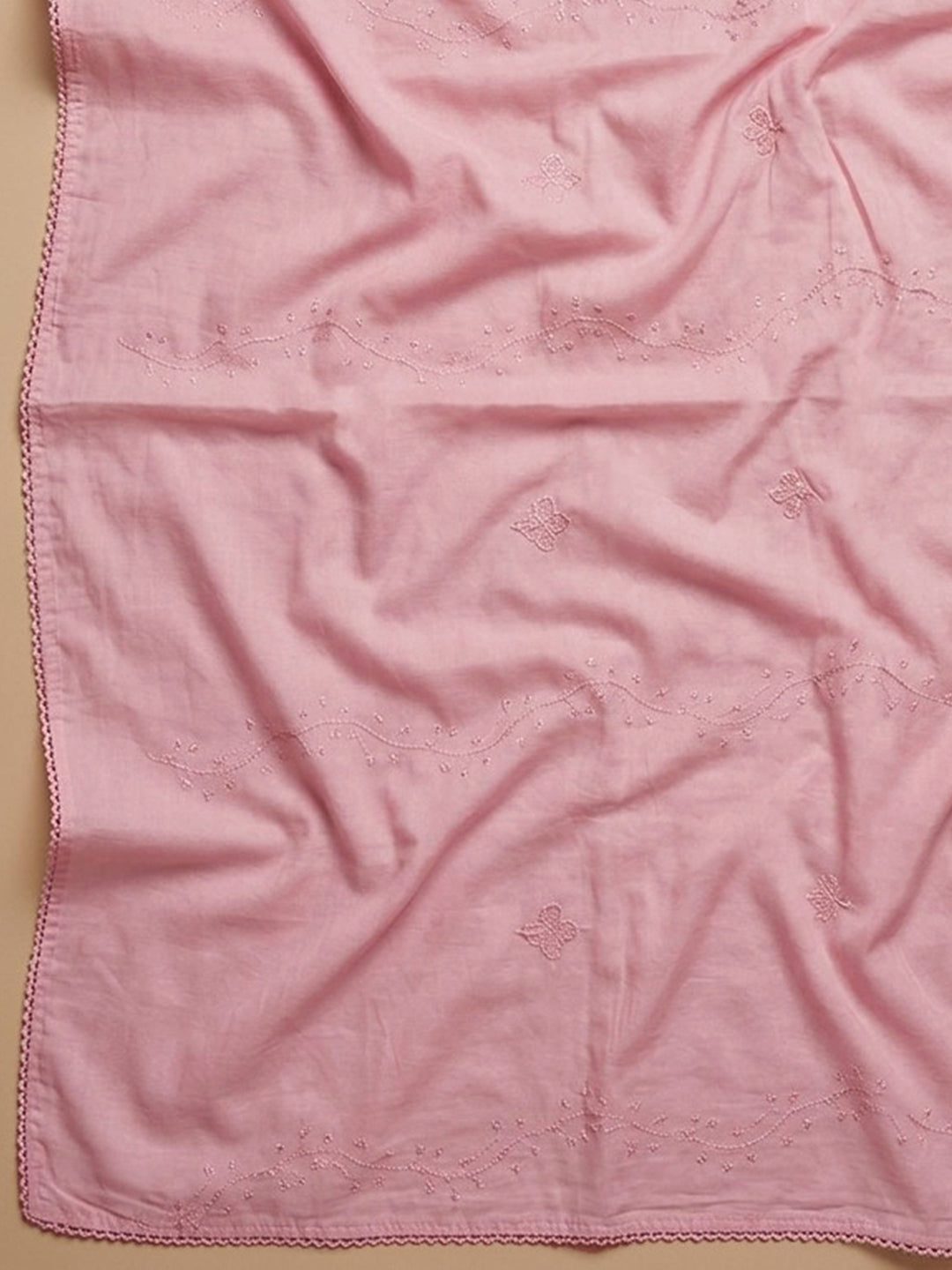 Peach Embroidered Cotton Blend Unstitched Suit &amp; Pant With Cotton Dupatta