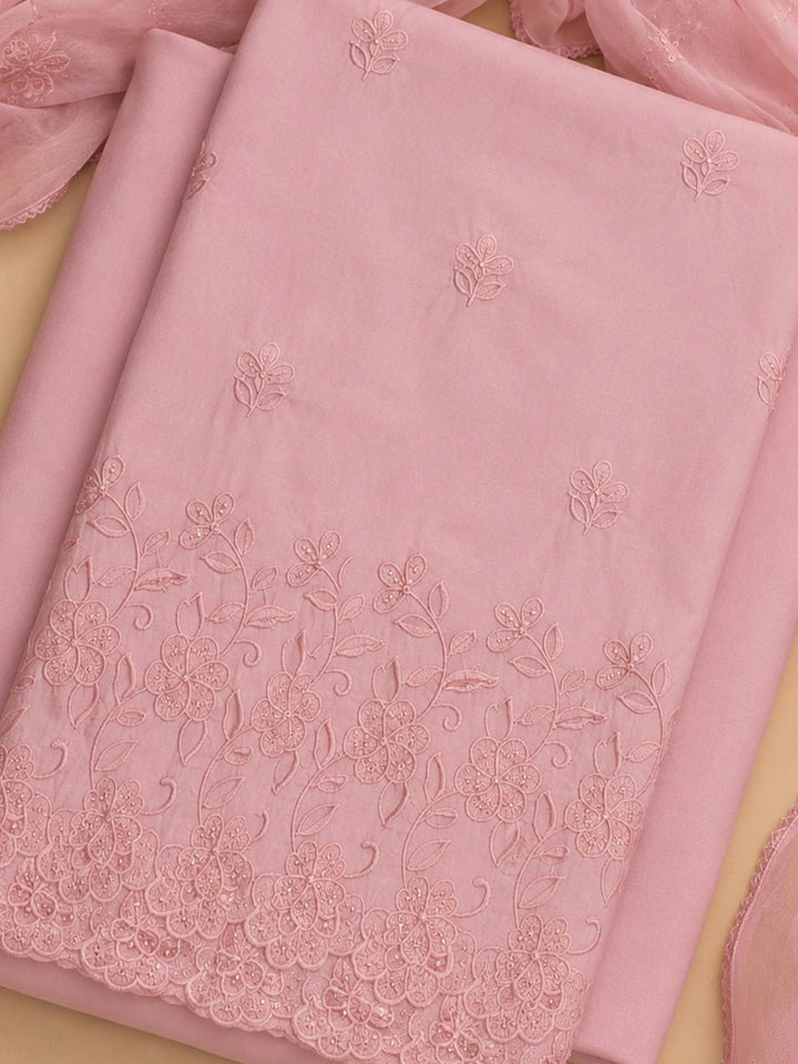 Peach Embroidered Cotton Blend Unstitched Suit &amp; Pant With Cotton Dupatta