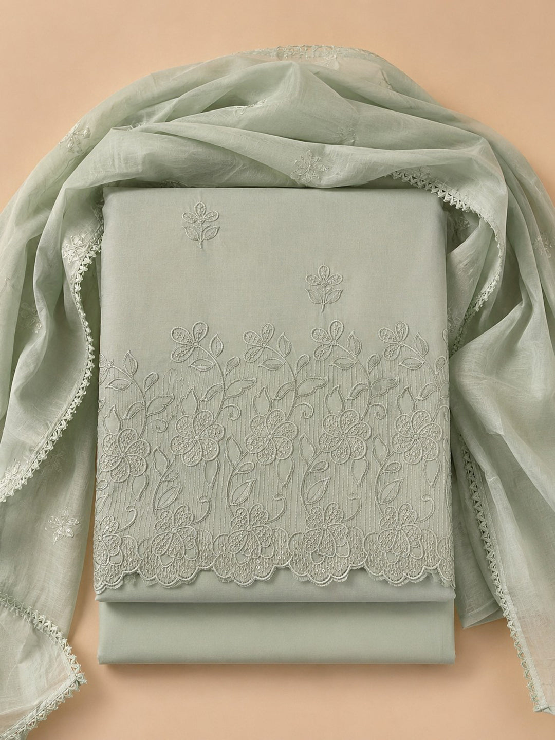 Pista Green Embroidered Cotton Blend Unstitched Suit &amp; Pant With Cotton Dupatta