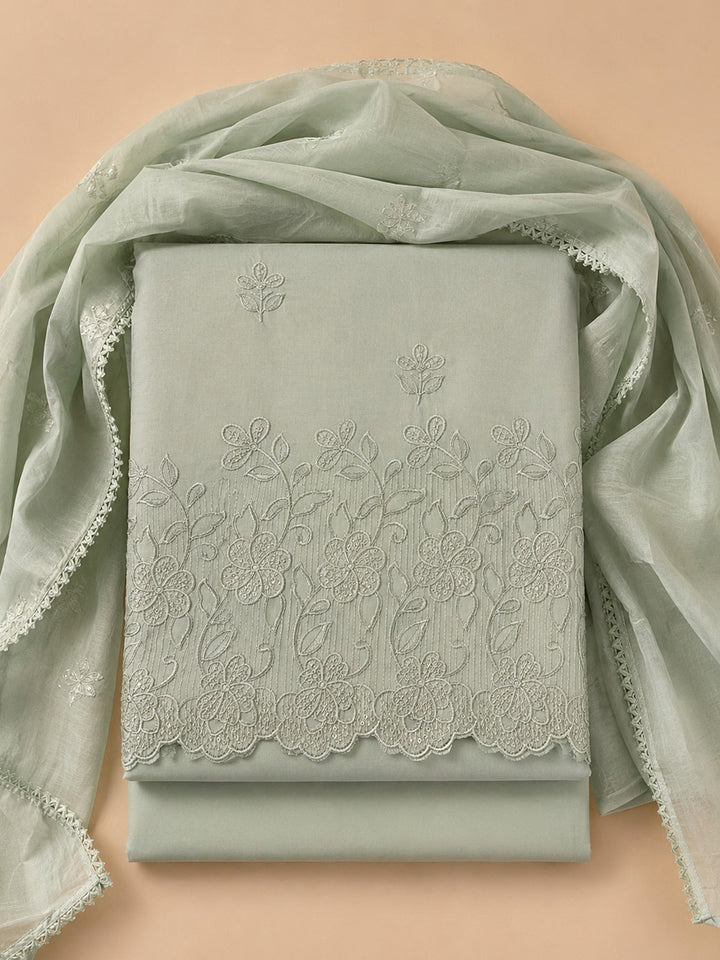 Pista Green Embroidered Cotton Blend Unstitched Suit &amp; Pant With Cotton Dupatta