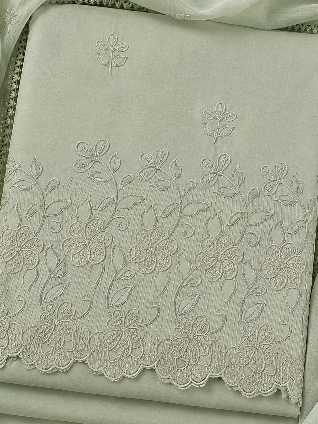 Pista Green Embroidered Cotton Blend Unstitched Suit &amp; Pant With Cotton Dupatta