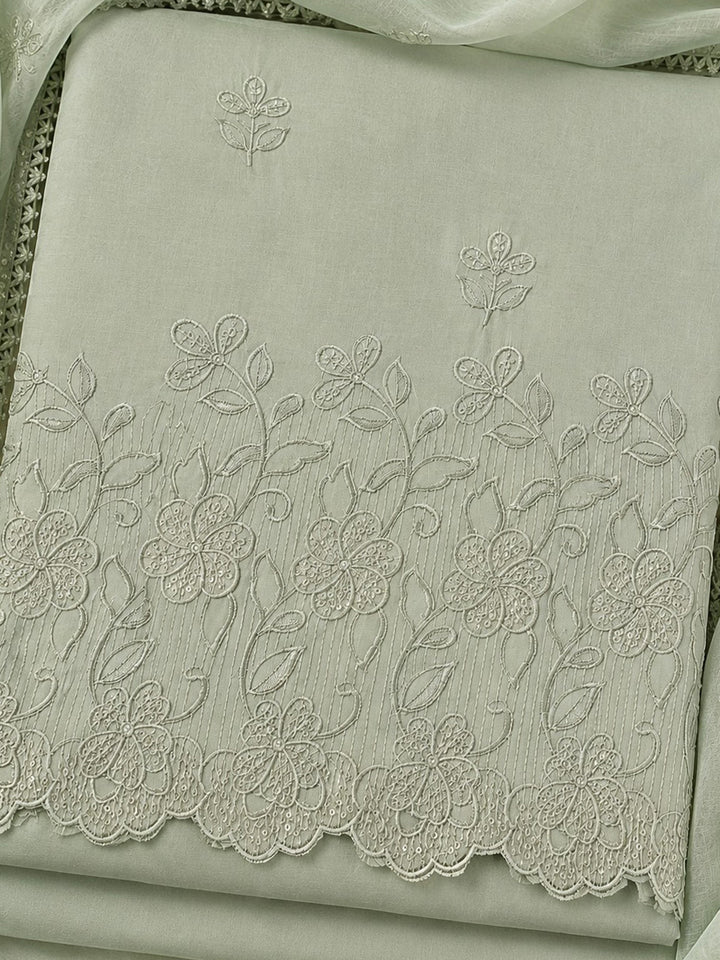 Pista Green Embroidered Cotton Blend Unstitched Suit &amp; Pant With Cotton Dupatta