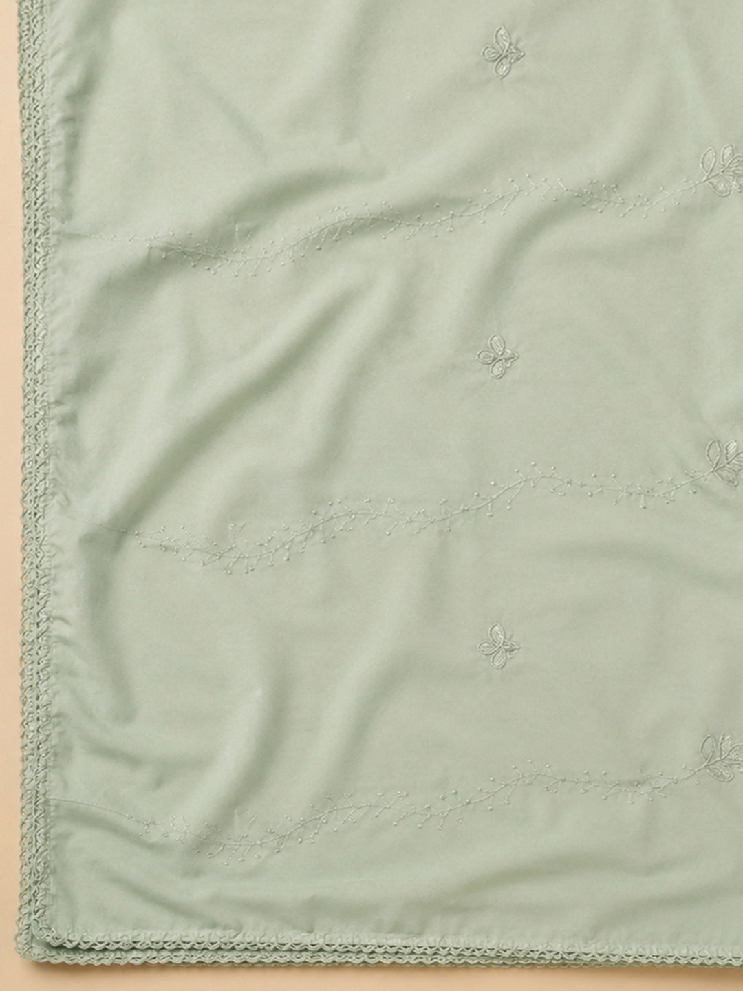 Pista Green Embroidered Cotton Blend Unstitched Suit &amp; Pant With Cotton Dupatta