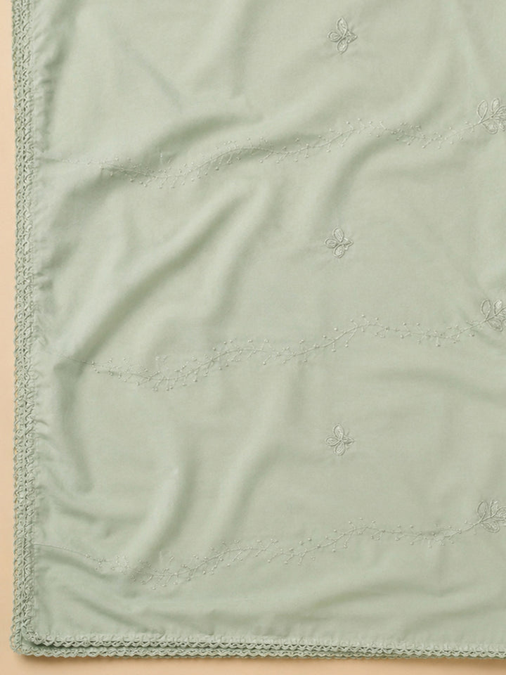 Pista Green Embroidered Cotton Blend Unstitched Suit &amp; Pant With Cotton Dupatta