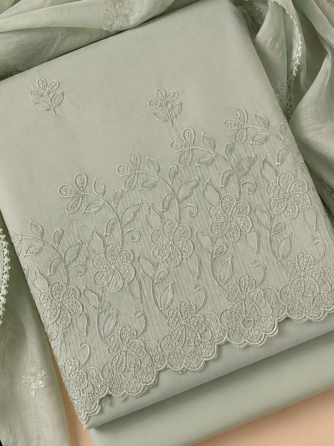 Pista Green Embroidered Cotton Blend Unstitched Suit &amp; Pant With Cotton Dupatta