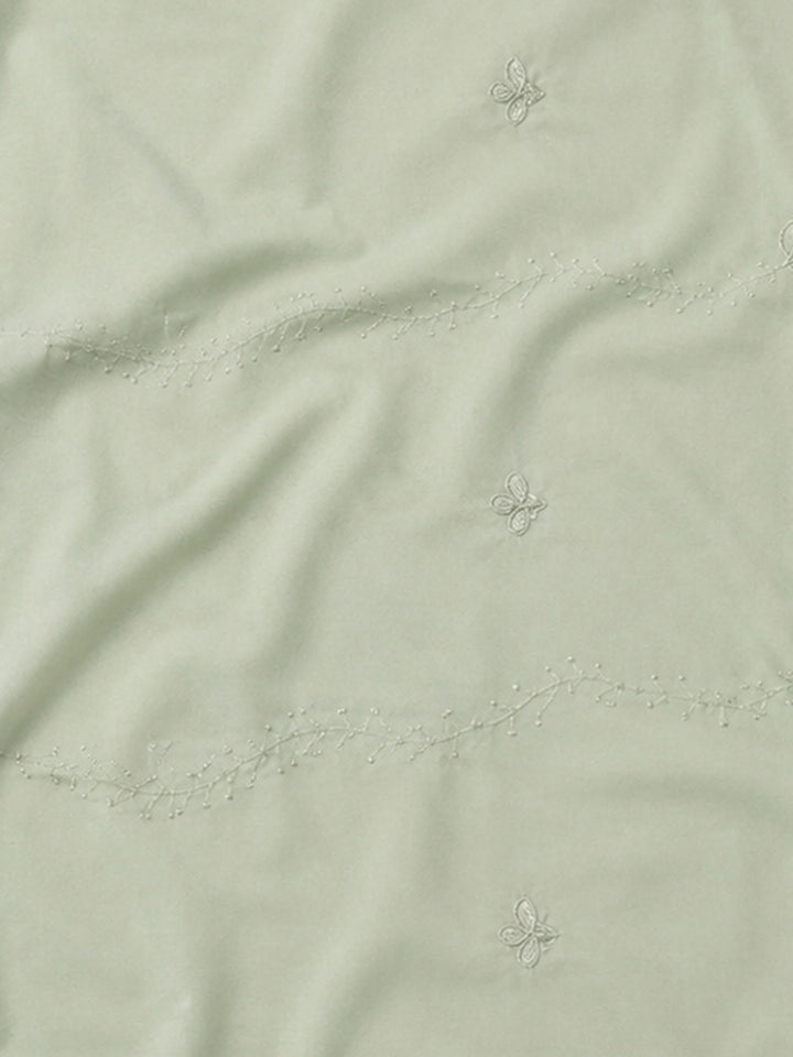 Pista Green Embroidered Cotton Blend Unstitched Suit &amp; Pant With Cotton Dupatta