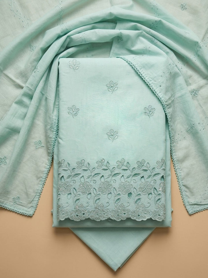 Sea Green Embroidered Cotton Blend Unstitched Suit &amp; Pant With Cotton Dupatta
