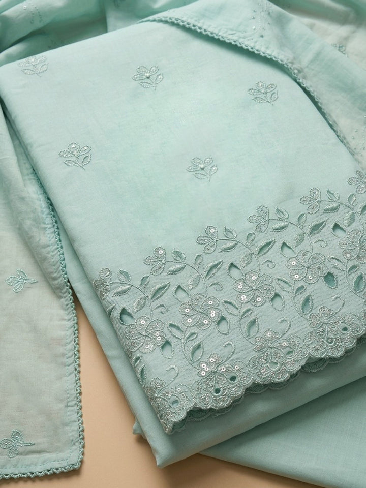 Sea Green Embroidered Cotton Blend Unstitched Suit &amp; Pant With Cotton Dupatta