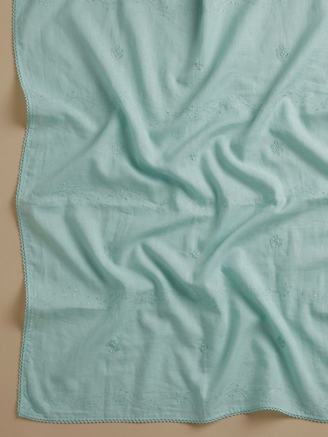 Sea Green Embroidered Cotton Blend Unstitched Suit &amp; Pant With Cotton Dupatta