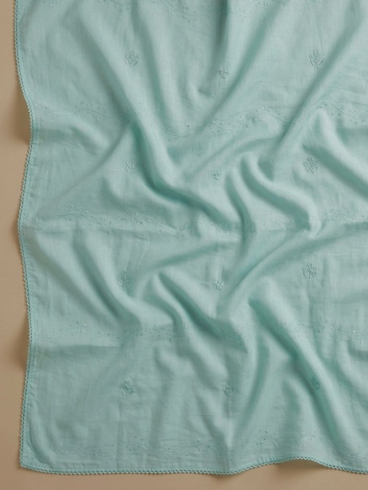 Sea Green Embroidered Cotton Blend Unstitched Suit &amp; Pant With Cotton Dupatta