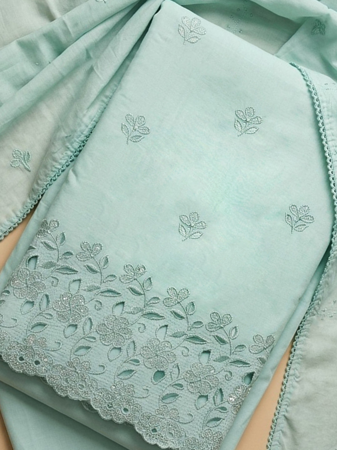 Sea Green Embroidered Cotton Blend Unstitched Suit &amp; Pant With Cotton Dupatta