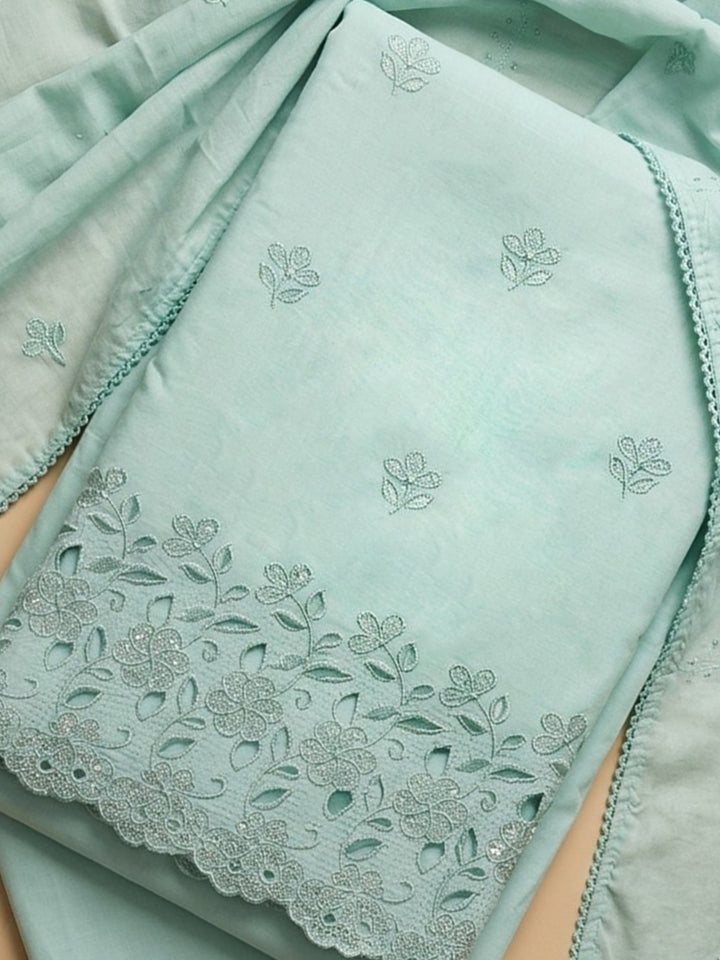 Sea Green Embroidered Cotton Blend Unstitched Suit &amp; Pant With Cotton Dupatta