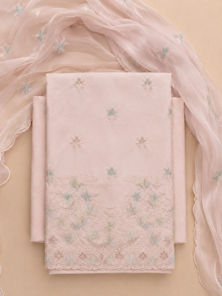 Peach Embroidered Cotton Blend Unstitched Suit &amp; Pant With Cotton Dupatta