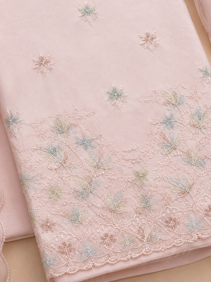 Peach Embroidered Cotton Blend Unstitched Suit &amp; Pant With Cotton Dupatta