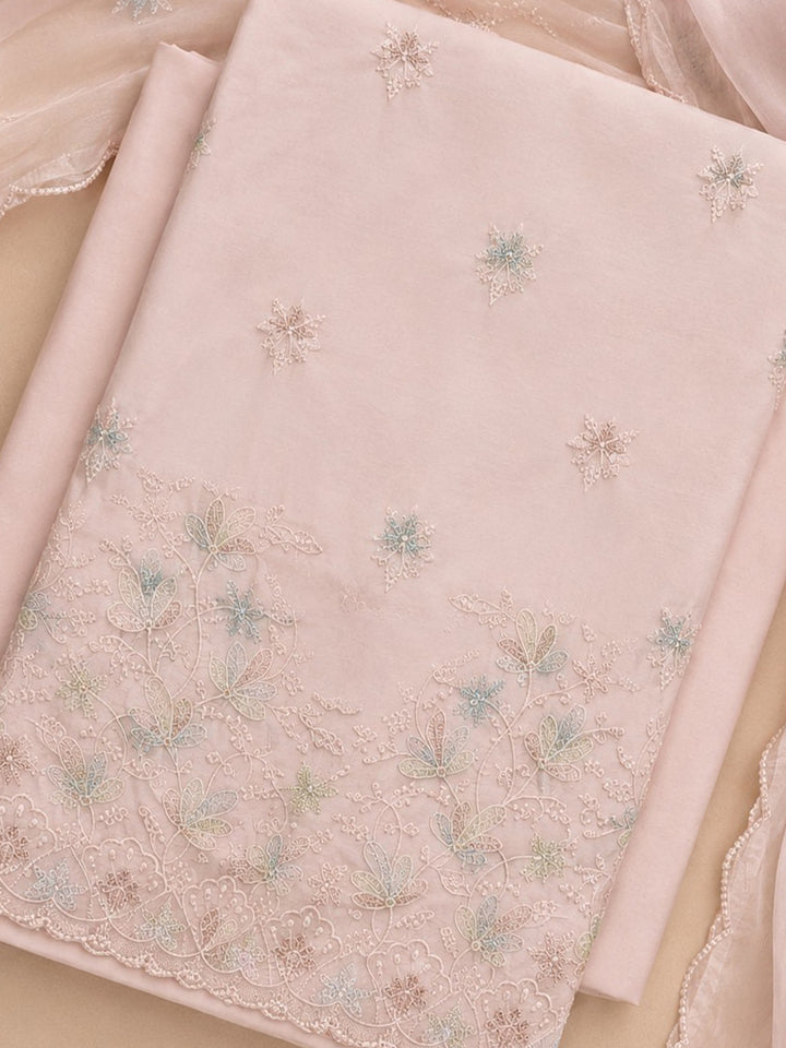 Peach Embroidered Cotton Blend Unstitched Suit &amp; Pant With Cotton Dupatta