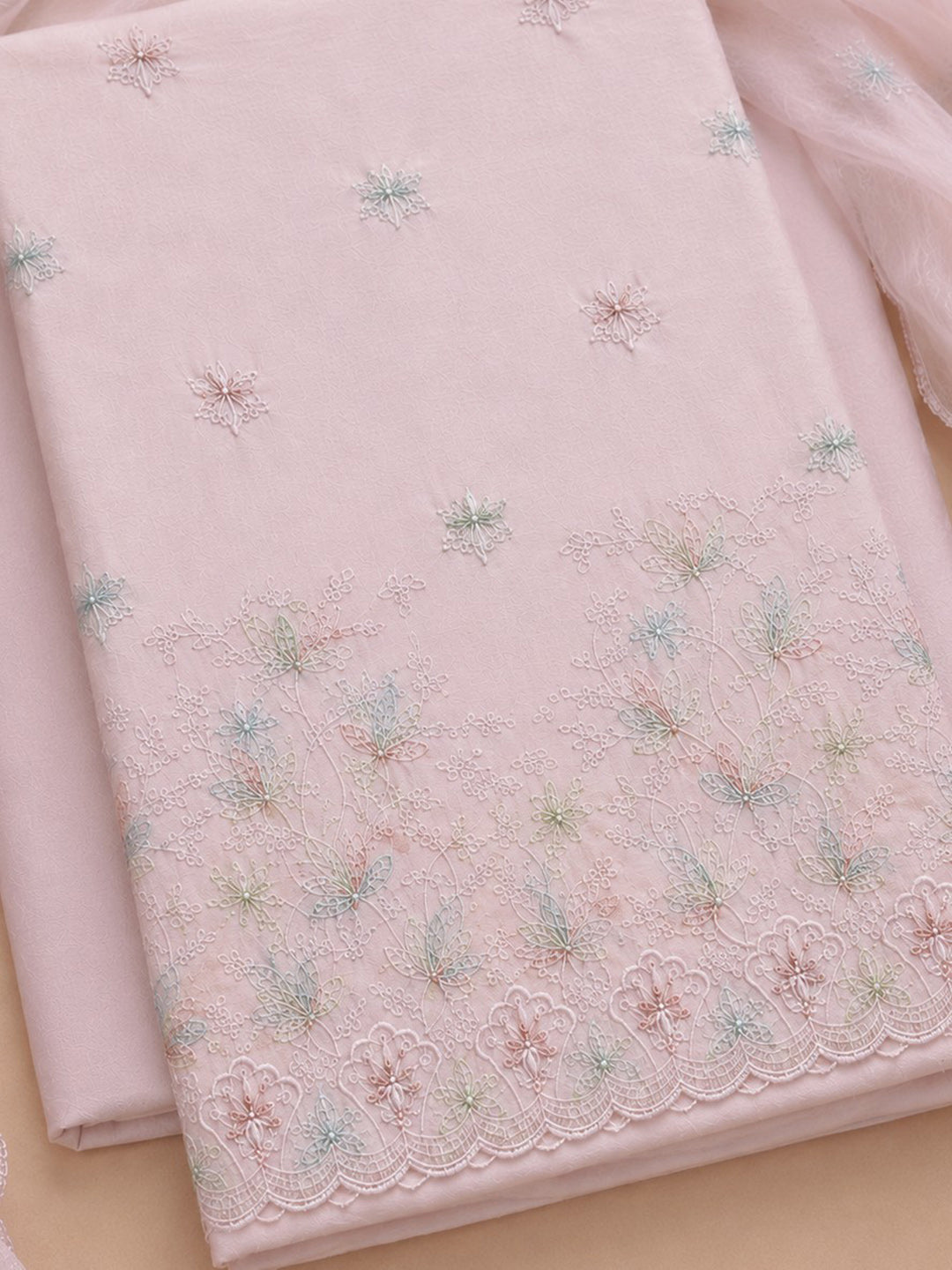 Pink Embroidered Cotton Blend Unstitched Suit &amp; Pant With Cotton Dupatta