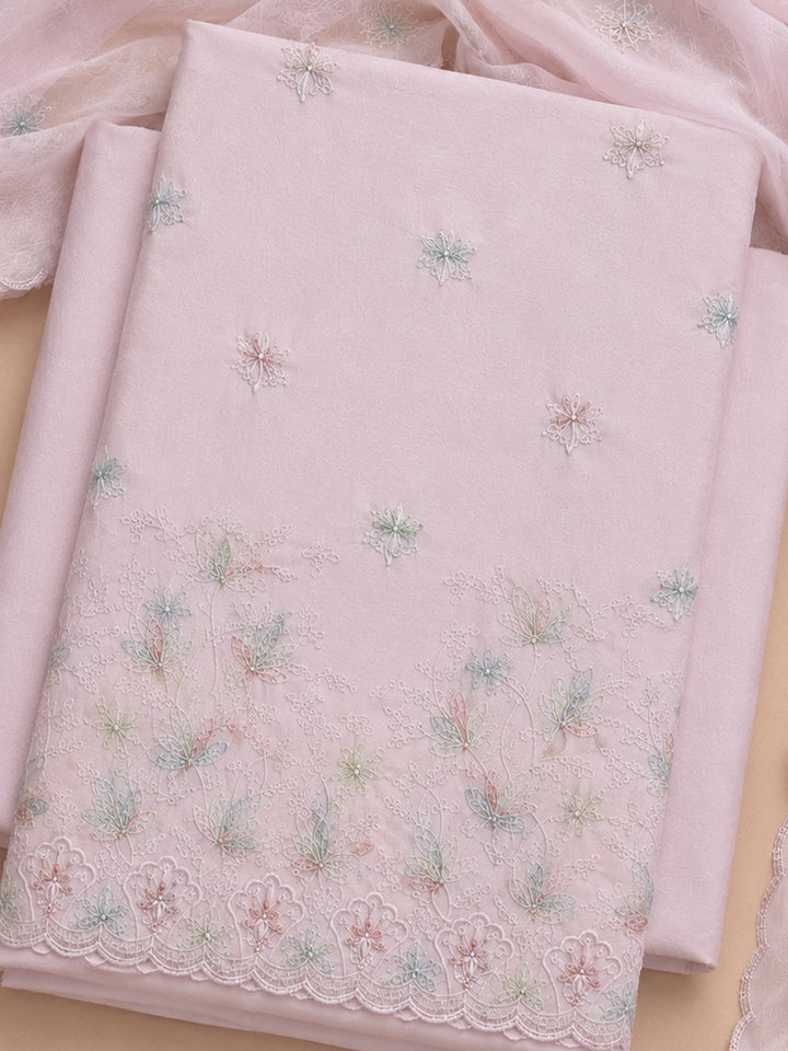 Pink Embroidered Cotton Blend Unstitched Suit &amp; Pant With Cotton Dupatta