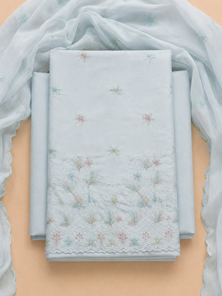 Sky Blue Embroidered Cotton Blend Unstitched Suit &amp; Pant With Cotton Dupatta