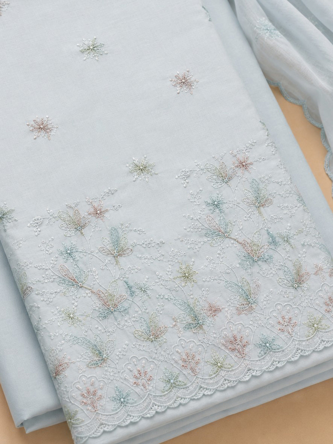 Sky Blue Embroidered Cotton Blend Unstitched Suit &amp; Pant With Cotton Dupatta