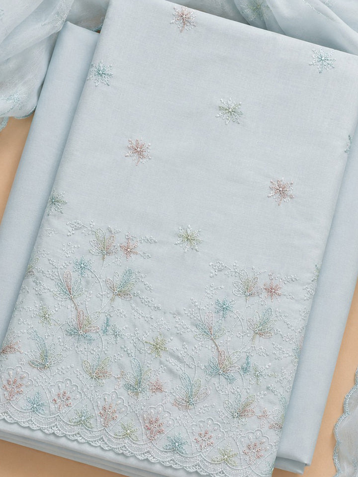 Sky Blue Embroidered Cotton Blend Unstitched Suit &amp; Pant With Cotton Dupatta