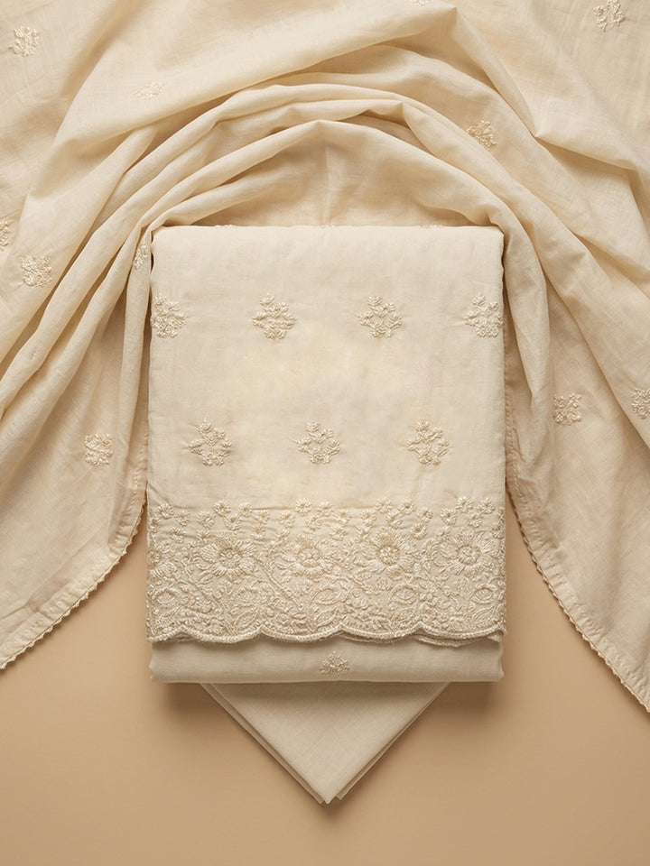 Beige Embroidered Cotton Blend Unstitched Suit &amp; Pant With Cotton Dupatta