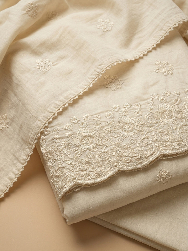 Beige Embroidered Cotton Blend Unstitched Suit &amp; Pant With Cotton Dupatta