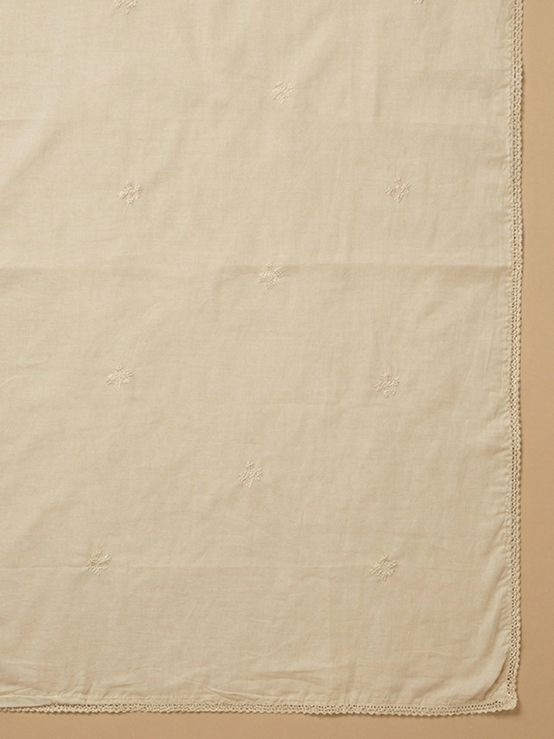 Beige Embroidered Cotton Blend Unstitched Suit &amp; Pant With Cotton Dupatta