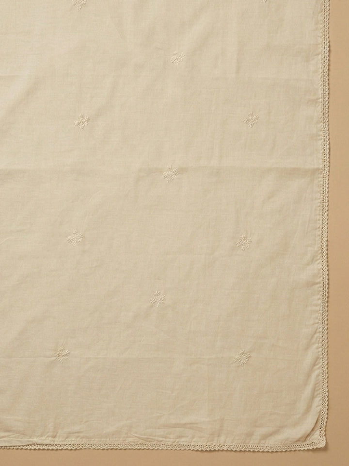 Beige Embroidered Cotton Blend Unstitched Suit &amp; Pant With Cotton Dupatta