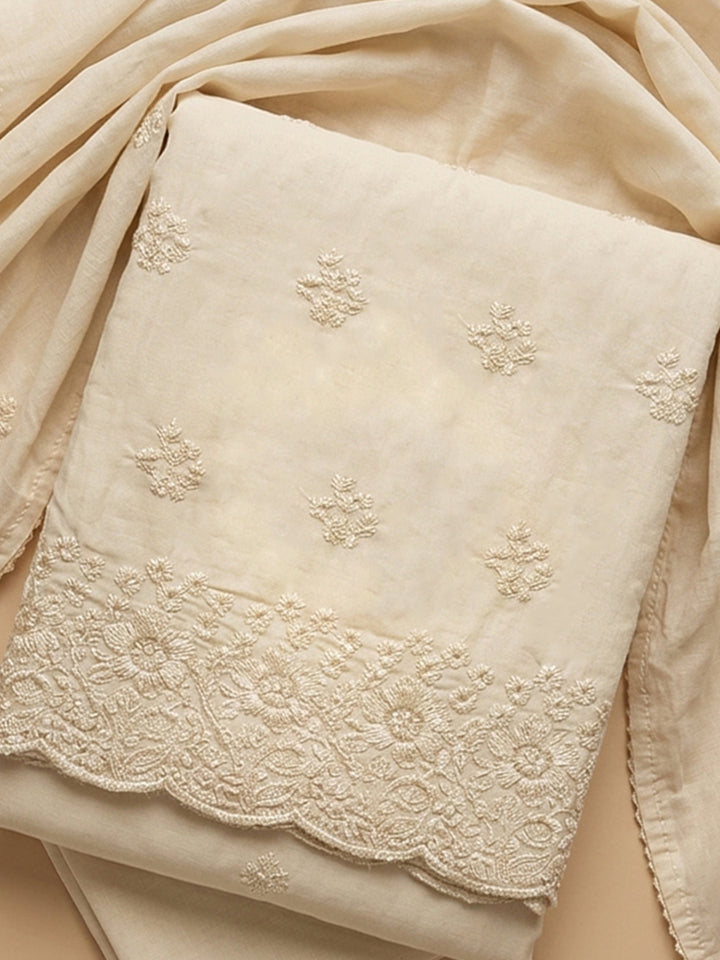 Beige Embroidered Cotton Blend Unstitched Suit &amp; Pant With Cotton Dupatta