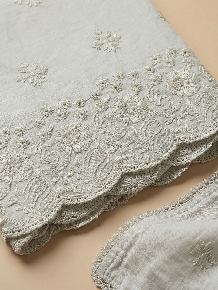 Cream Embroidered Cotton Blend Unstitched Suit &amp; Pant With Cotton Dupatta