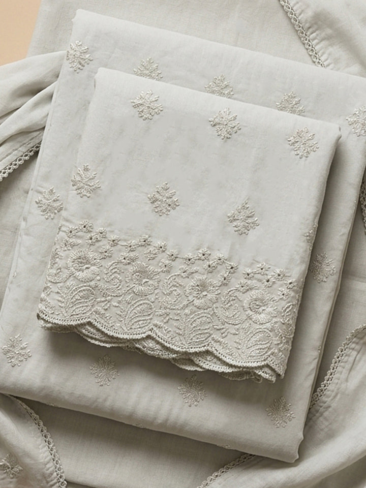 Cream Embroidered Cotton Blend Unstitched Suit &amp; Pant With Cotton Dupatta