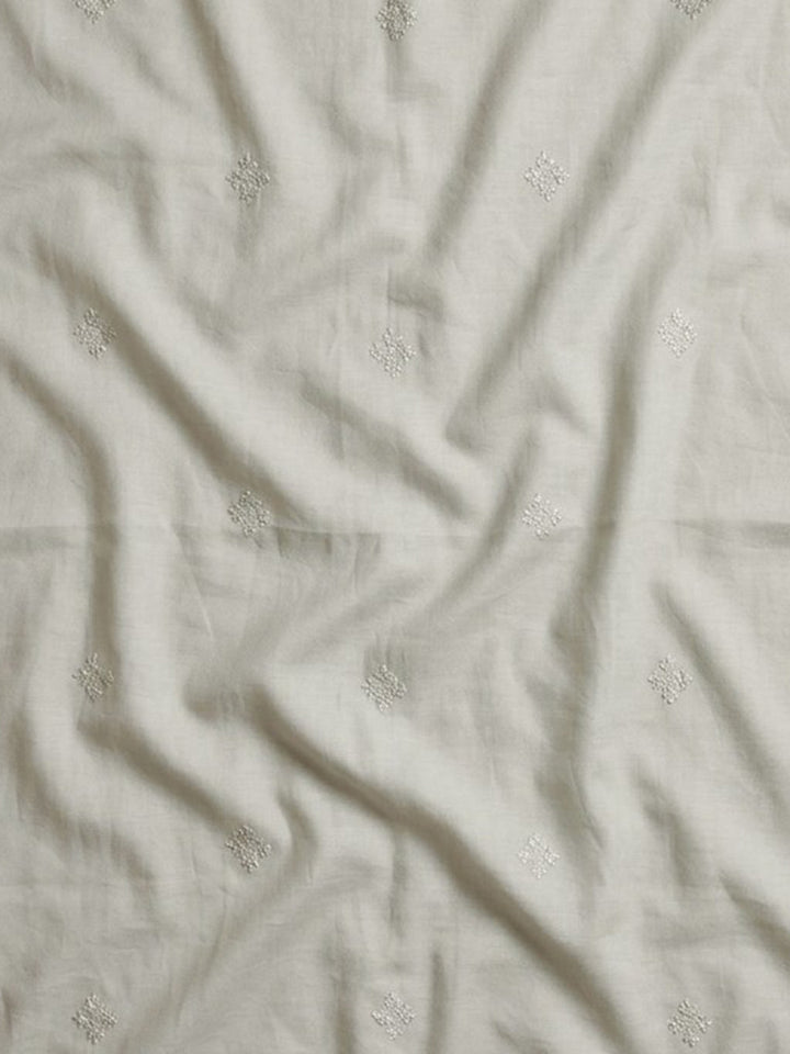 Cream Embroidered Cotton Blend Unstitched Suit &amp; Pant With Cotton Dupatta