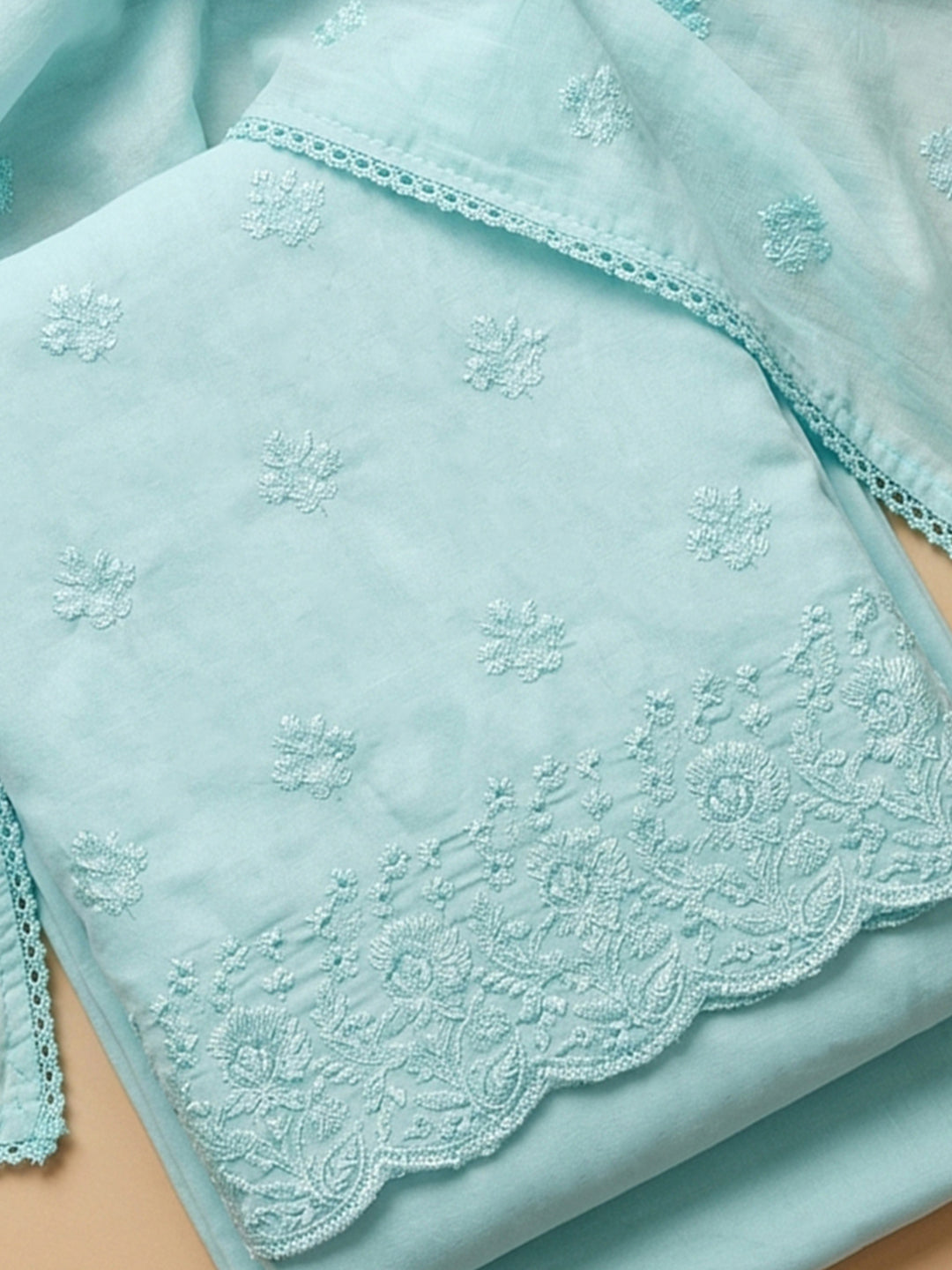 Firozee Embroidered Cotton Blend Unstitched Suit &amp; Pant With Cotton Dupatta