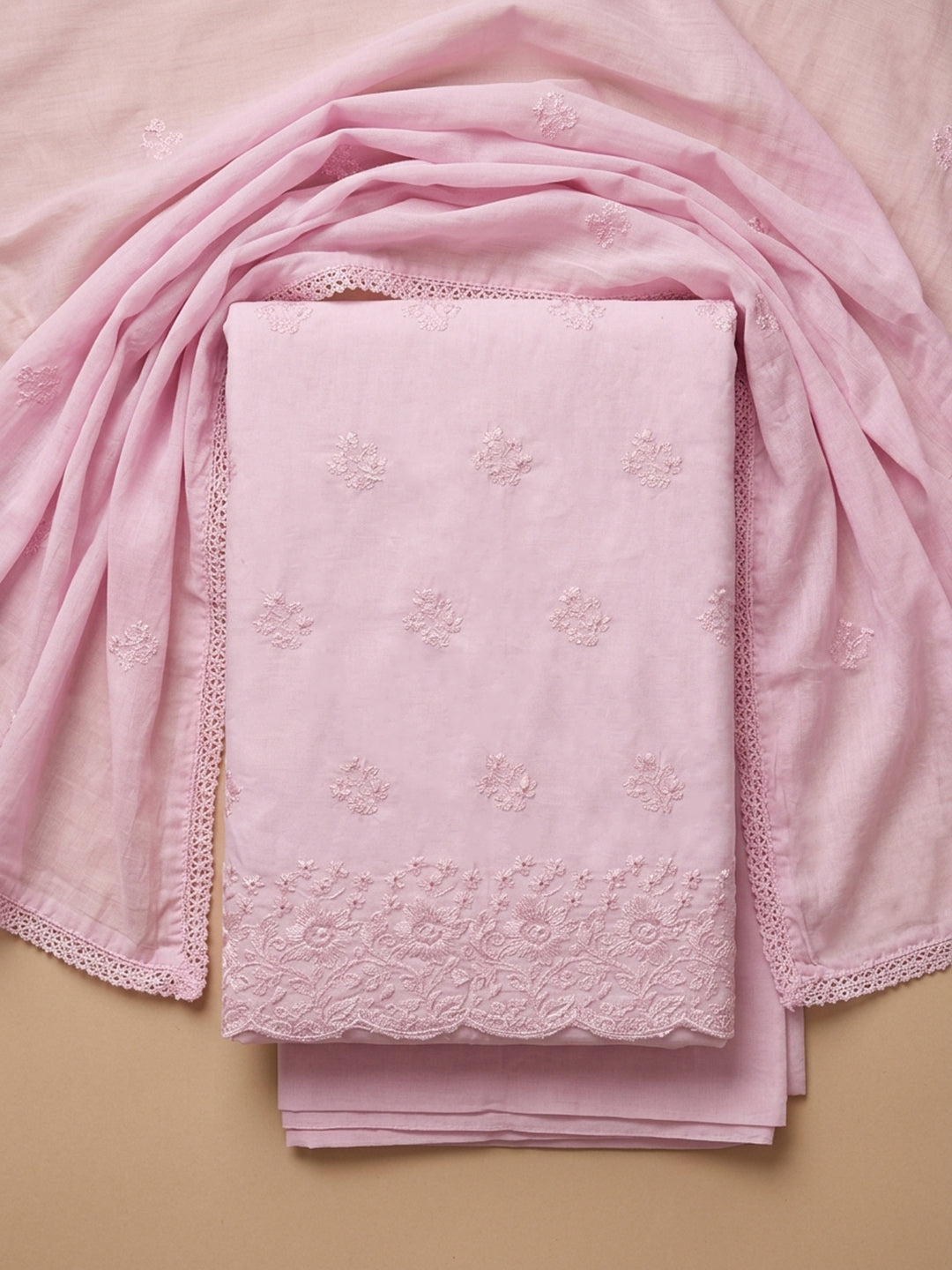 Peach Embroidered Cotton Blend Unstitched Suit &amp; Pant With Cotton Dupatta