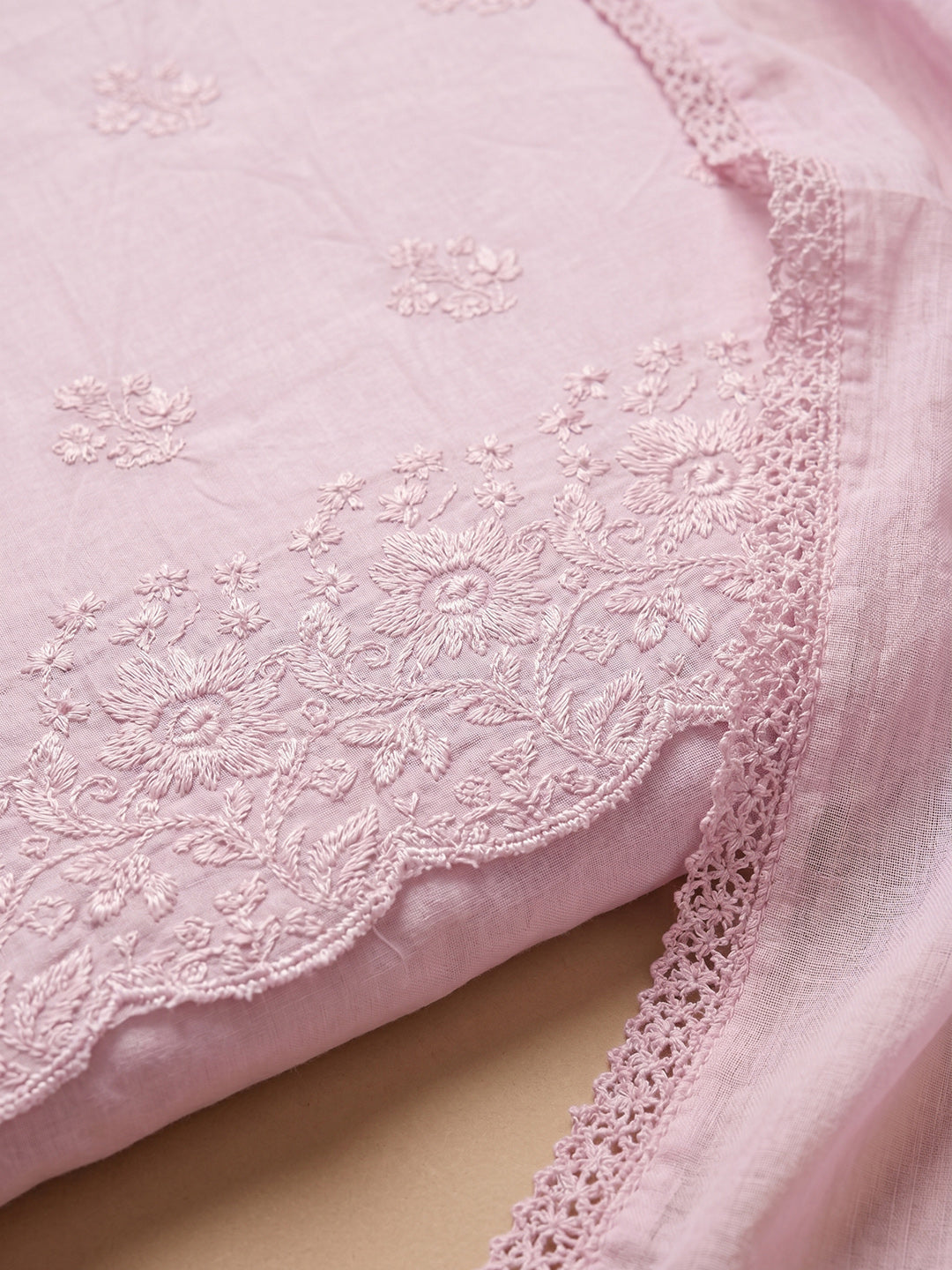 Peach Embroidered Cotton Blend Unstitched Suit &amp; Pant With Cotton Dupatta