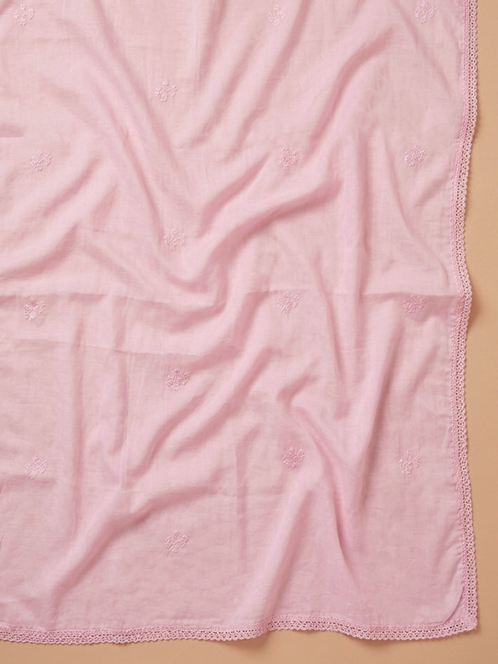 Peach Embroidered Cotton Blend Unstitched Suit &amp; Pant With Cotton Dupatta