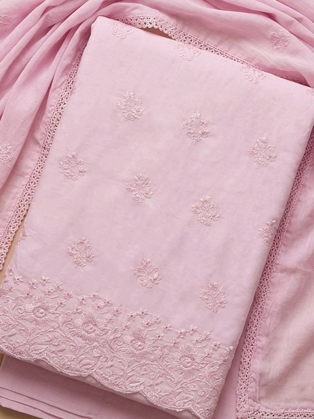 Peach Embroidered Cotton Blend Unstitched Suit &amp; Pant With Cotton Dupatta