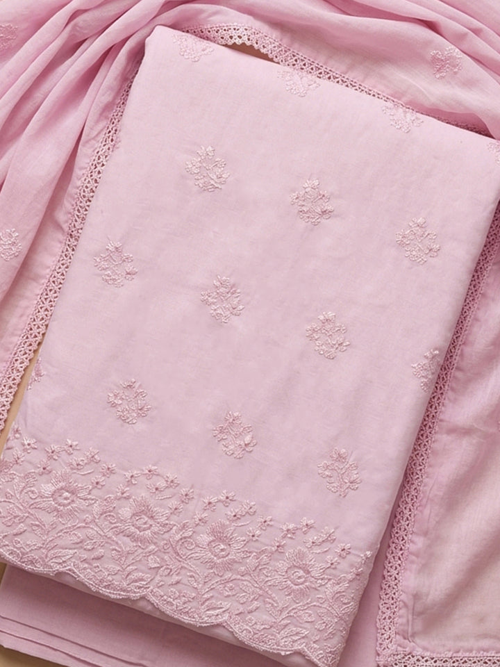 Peach Embroidered Cotton Blend Unstitched Suit &amp; Pant With Cotton Dupatta
