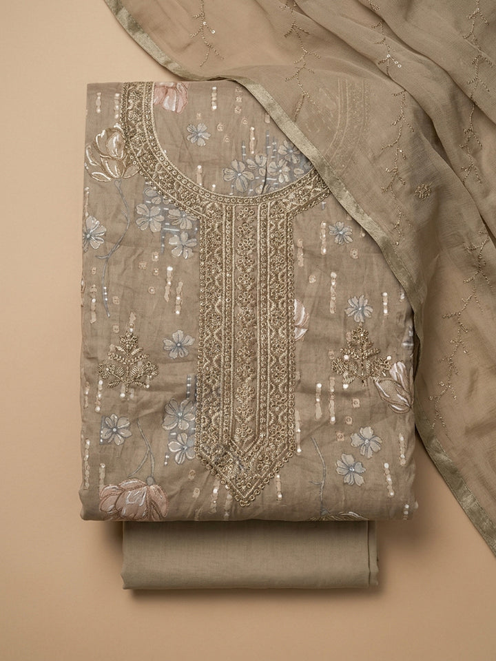Beige Embroidered Cotton Blend Unstitched Suit &amp; Pant With Cotton Dupatta