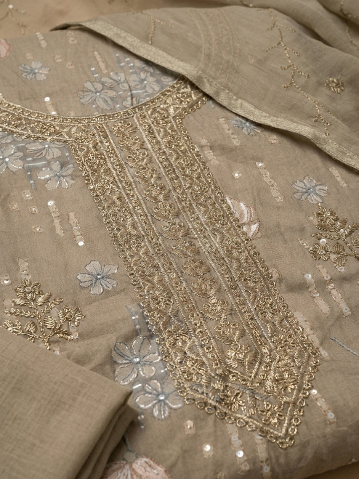 Beige Embroidered Cotton Blend Unstitched Suit &amp; Pant With Cotton Dupatta