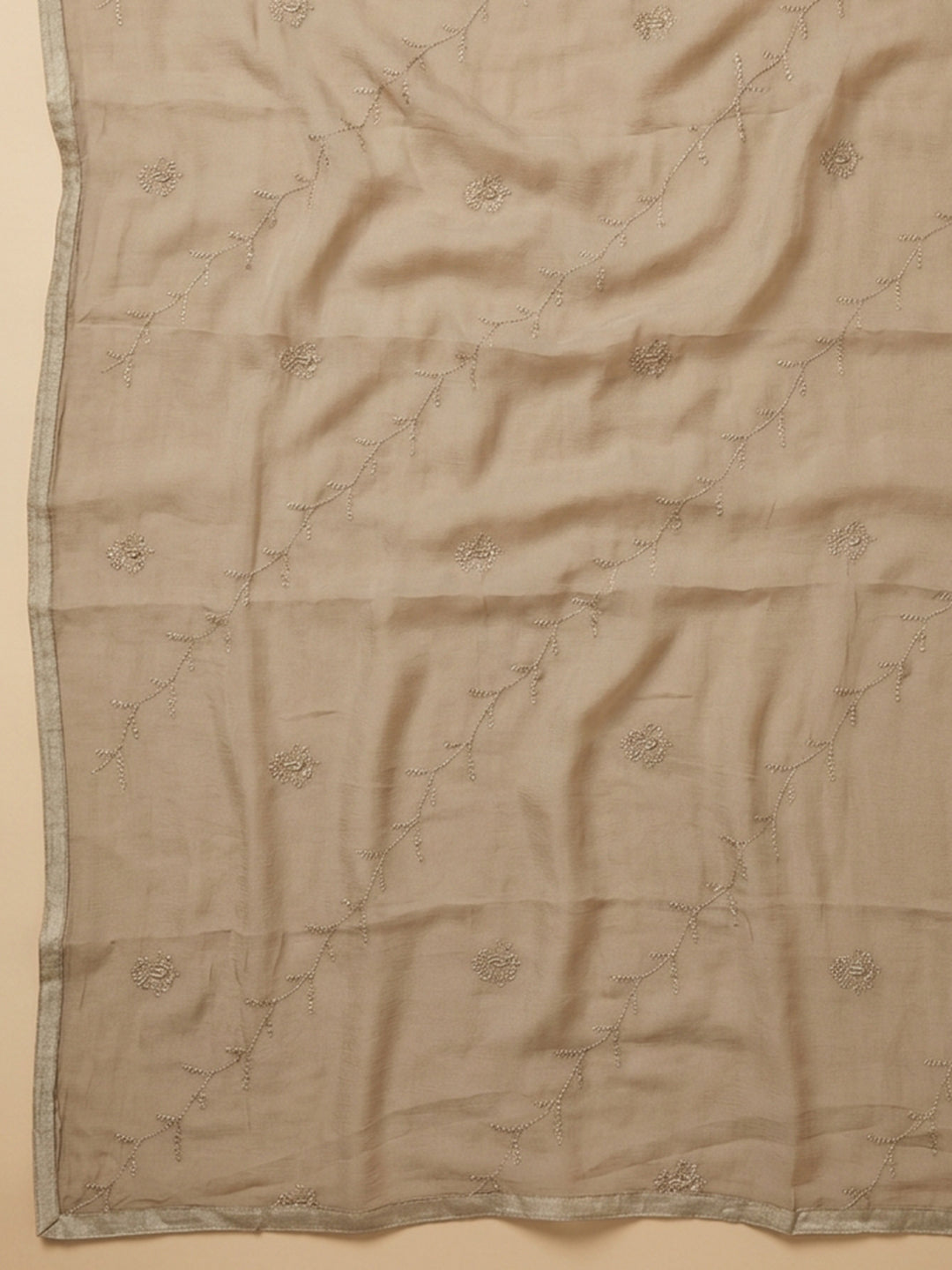 Beige Embroidered Cotton Blend Unstitched Suit &amp; Pant With Cotton Dupatta