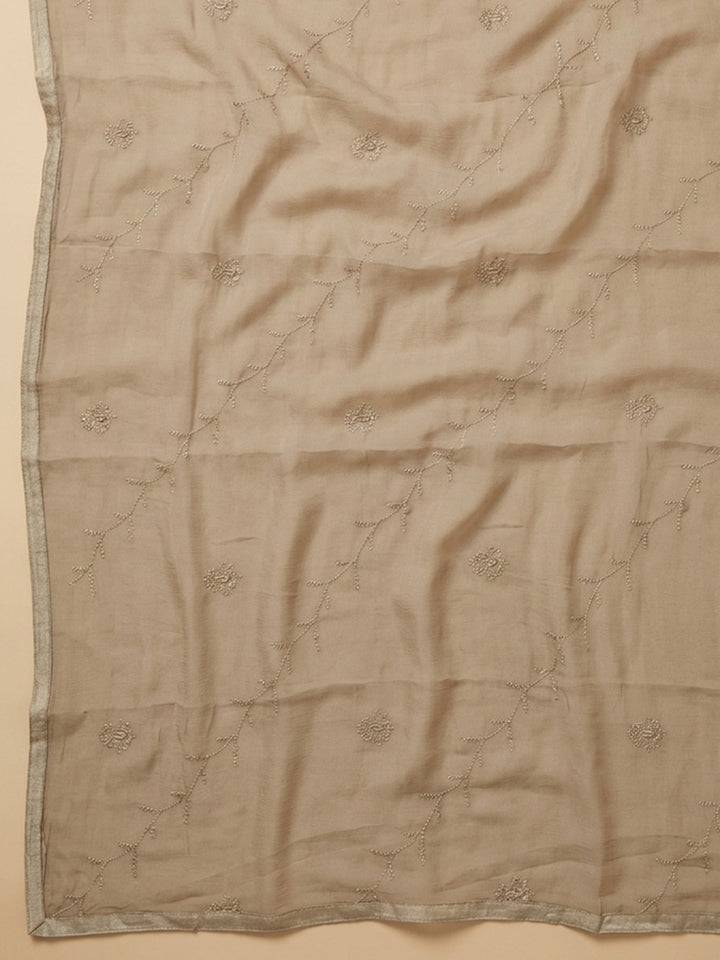 Beige Embroidered Cotton Blend Unstitched Suit &amp; Pant With Cotton Dupatta
