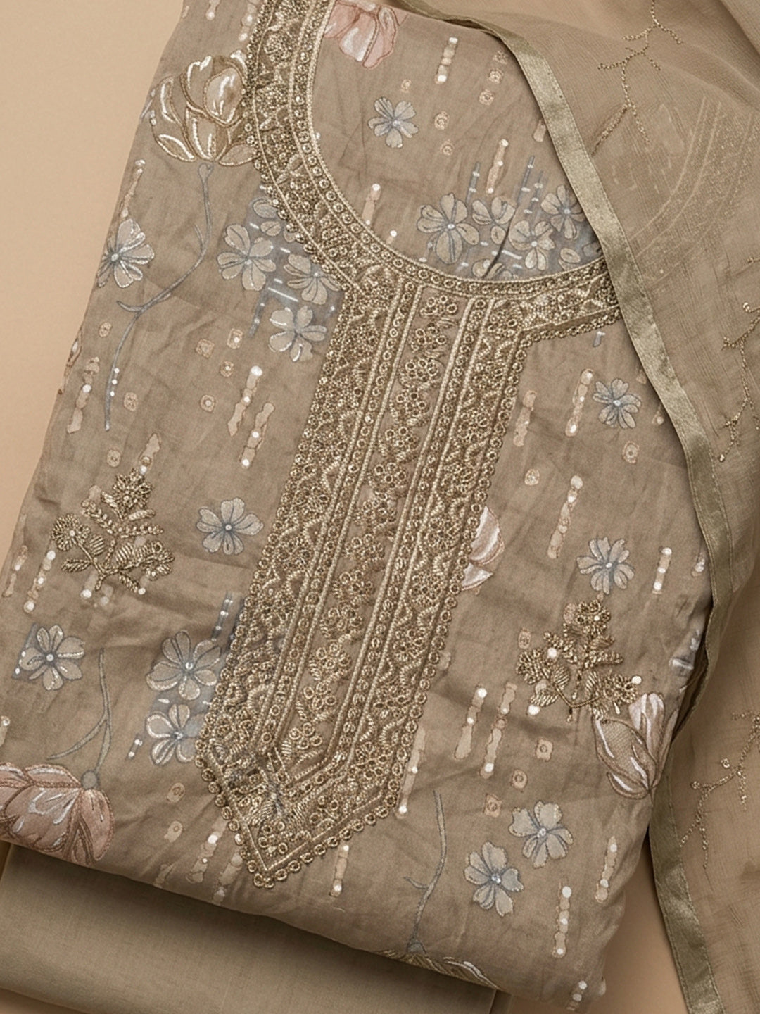Beige Embroidered Cotton Blend Unstitched Suit &amp; Pant With Cotton Dupatta