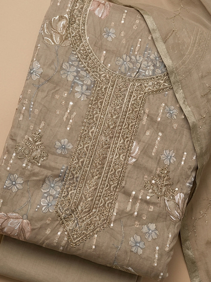 Beige Embroidered Cotton Blend Unstitched Suit &amp; Pant With Cotton Dupatta